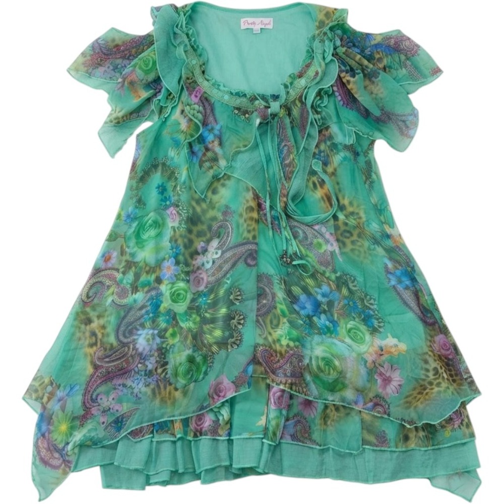 Pretty Angel Silk Blend Floral Paisley Ruffle Tunic Top Green Boho Large - Picture 5 of 5